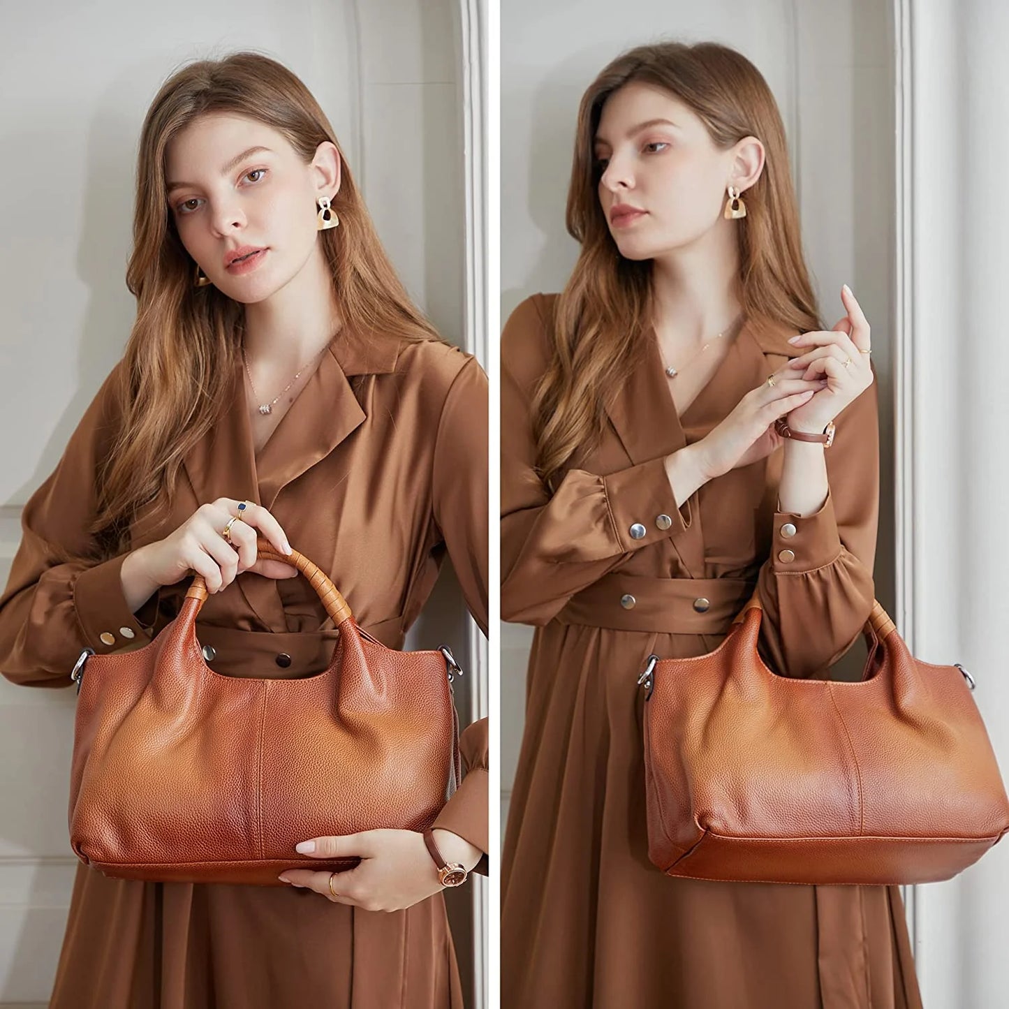 Women Satchels Genuine Leather Top Handle Handbags Large Work Tote Shoulder Bags Crossbody Purses Brown