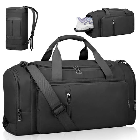Gym Bag Convertible Duffle Bag with Shoes Compartment and Wet Pocket, Gym Backpack Waterproof Sports Bags for Men with 2 Bottle Holders Multipurpose Weekender Overnight Bag -Black