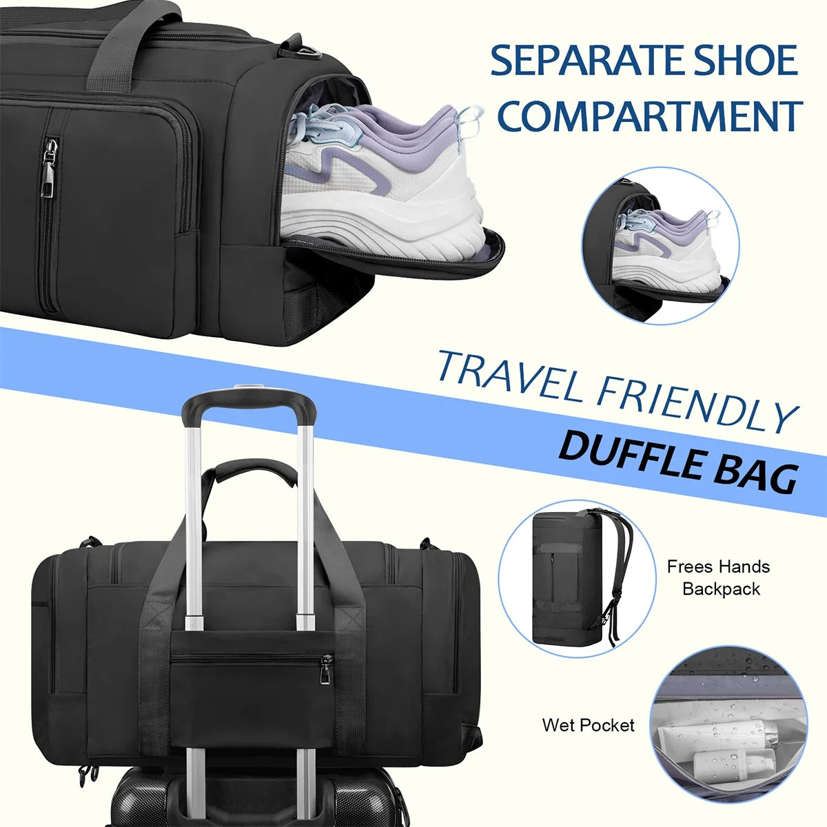 Gym Bag Convertible Duffle Bag with Shoes Compartment and Wet Pocket, Gym Backpack Waterproof Sports Bags for Men with 2 Bottle Holders Multipurpose Weekender Overnight Bag -Black