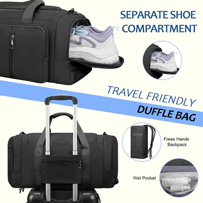 Gym Bag Convertible Duffle Bag with Shoes Compartment and Wet Pocket, Gym Backpack Waterproof Sports Bags for Men with 2 Bottle Holders Multipurpose Weekender Overnight Bag -Black