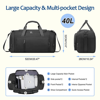 Gym Bag Convertible Duffle Bag with Shoes Compartment and Wet Pocket, Gym Backpack Waterproof Sports Bags for Men with 2 Bottle Holders Multipurpose Weekender Overnight Bag -Black